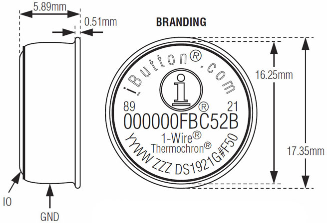 Technical drawing of a DS1921G iButton